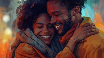 Obraz premium A happy couple embraces, having found love through an online dating app. They smile, symbolizing the success of finding meaningful relationships through technology.