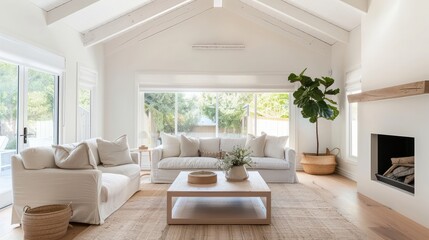 A large living room with white walls and a white fireplace. The room is filled with white furniture, including a couch, a coffee table, and a potted plant. The space has a clean and minimalist feel