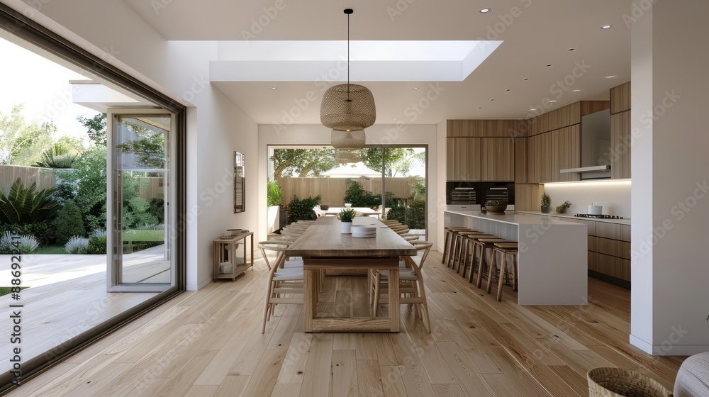 Poster a large open kitchen with a wooden table and chairs. the table is surrounded by chairs and a potted 