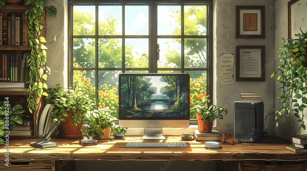 Poster a desk with a computer displaying a picture of a forest, sunlight streaming through the window, and 
