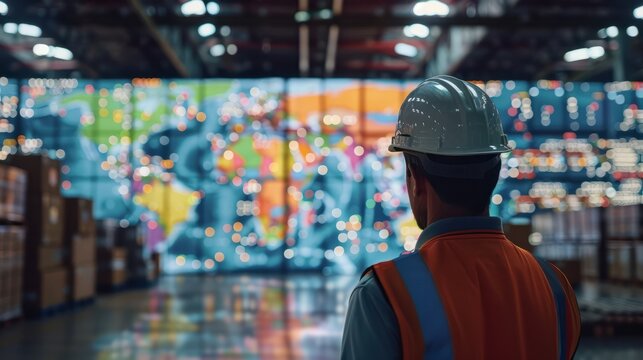 A worker examines a supply chain management map in a warehouse, highlighting international suppliers with pins. The image captures logistics, global trade, and efficient distribution networks.