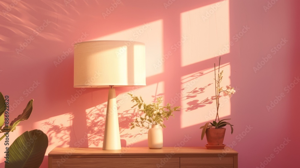 Poster luminous lamp next to pink wall by dresser