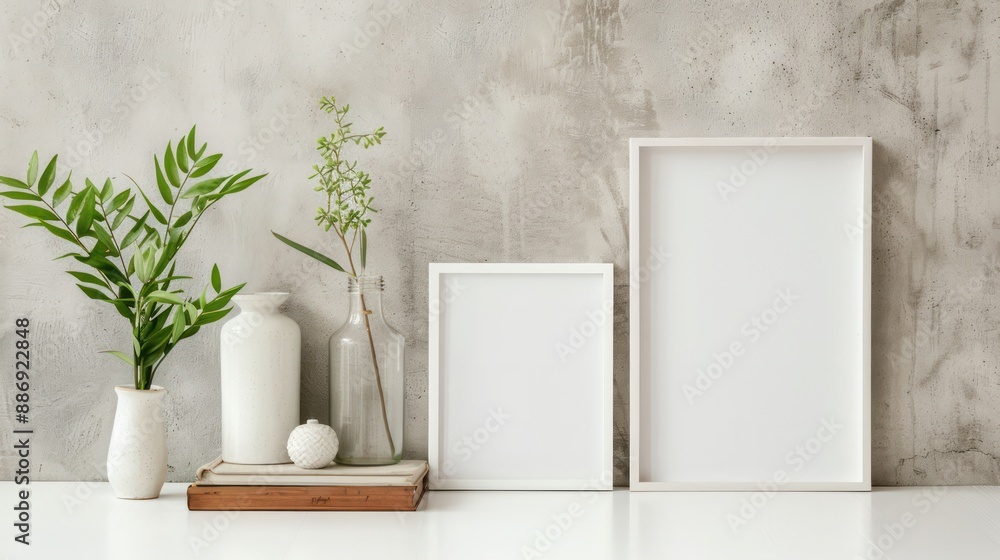 Poster A white framed picture sits on a table next to a vase and a book. The white frame and the white vase create a sense of simplicity and minimalism. The book adds a touch of intellectualism to the scene