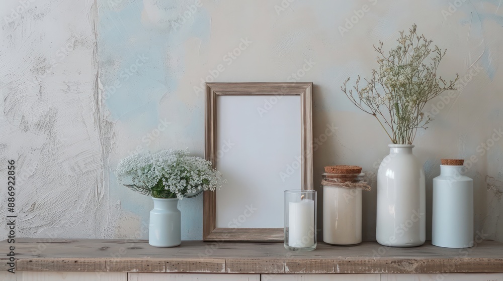 Aufkleber A white frame with a white background sits on a wooden shelf. The frame is empty, and the shelf is filled with vases and candles. The vases are white and come in different sizes
