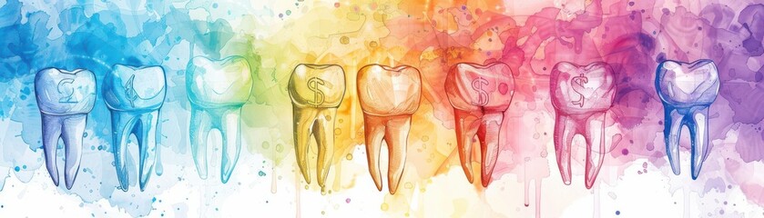Watercolor painting of colorful teeth on a white background.