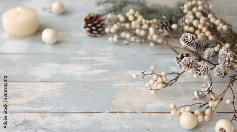Poster a candle is lit on a table with a bunch of pine cones and some other decorations. scene is warm and 