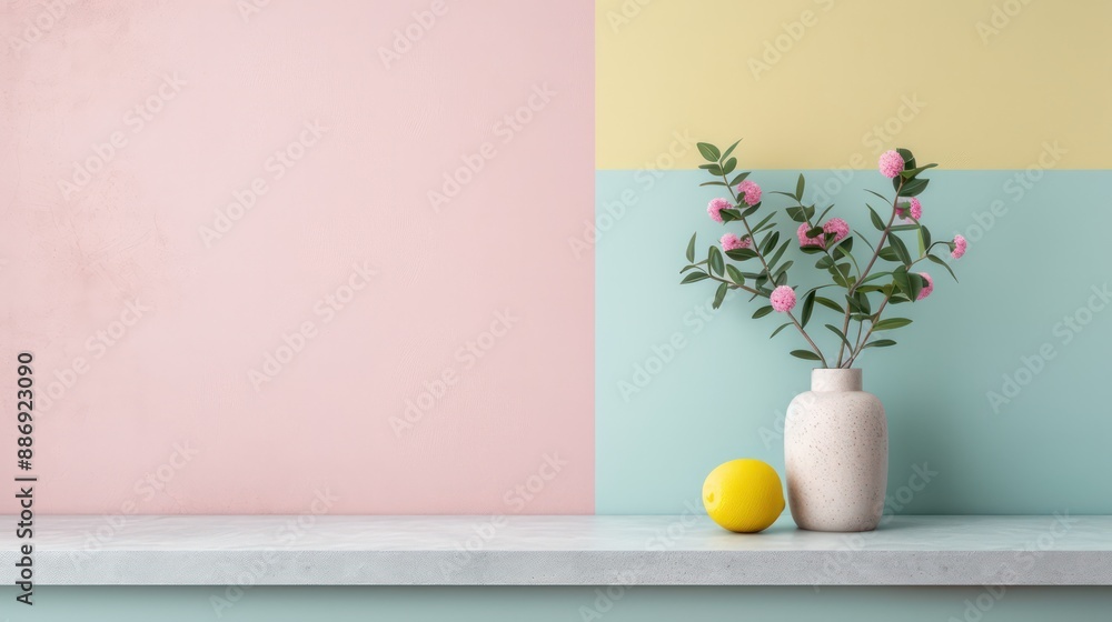 Poster a vase with pink flowers and a yellow lemon on a counter. the flowers and lemon create a bright and 