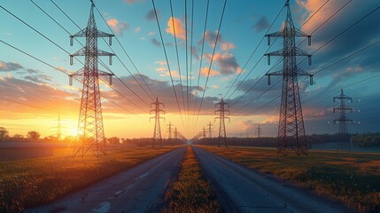 High voltage power lines and electricity pylons against twilight sky at sunset horizon.