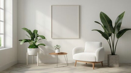 A white chair sits in front of a large white picture frame. The room is decorated with a few potted plants, including a tall one in the corner. The space has a clean and minimalist feel