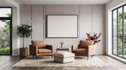 A living room with a white wall and a large blank wall. There are two brown chairs and a white ottoman. A potted plant is on the floor. The room has a modern and minimalist design