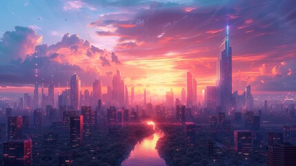 Fototapeta premium A futuristic city with tall buildings and a wide river reflecting the setting sun.