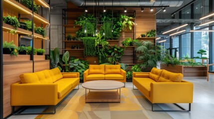 A yellow couch is surrounded by a green wall of plants. The room has a cozy and inviting atmosphere