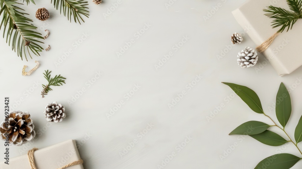 Poster A white background with a Christmas tree and pine cones. There are two white boxes on the right side of the background
