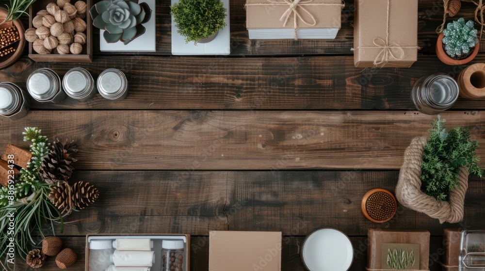 Poster a wooden table with a variety of items on it, including plants, candles, and boxes. the table is arr