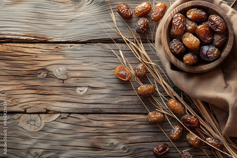 Poster rustic display of fresh and dried dates on wooden table