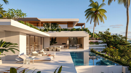Fototapeta premium Modern villa boasting a rooftop terrace and luxurious pool area.