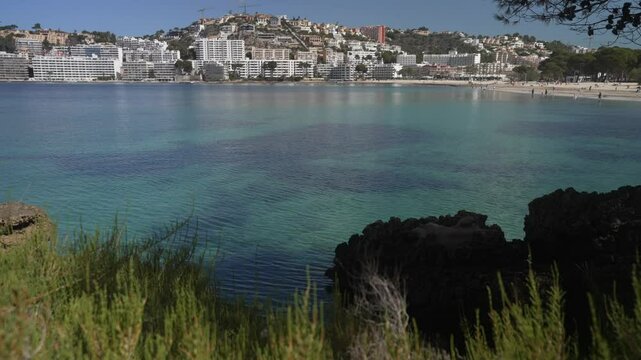 View of rocky shoreline, turquoise sea and Santa Ponsa, Majorca, Balearic Islands, Spain, Mediterranean, Europe