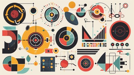 Obraz premium Abstract Geometric Pattern with Colorful Circles, Lines, and Shapes