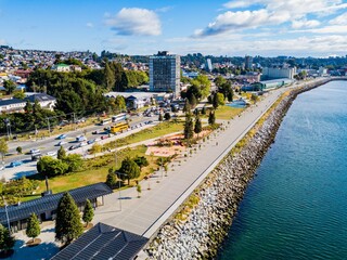 aerial view of Costanera on the waterfront of Puerto Montt, Chile