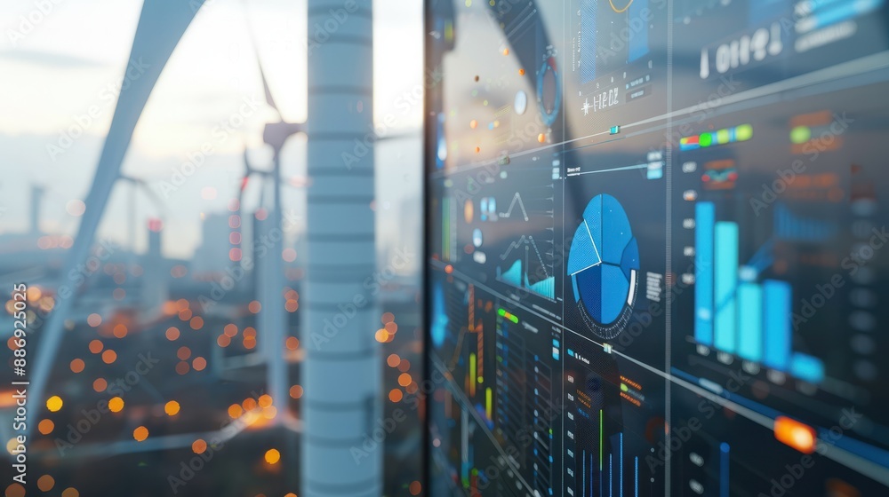Poster close-up of a wind turbine with data analytics display in the background, highlighting alternative e