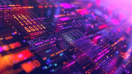 Fototapeta premium Conceptual illustration of the Julia programming language with byte code and data charts on a vibrant purple background. Ideal for tech blogs, educational content, and programming tutorials.