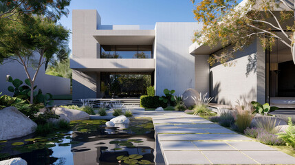 Modern villa with a sleek facade and a tranquil water feature.
