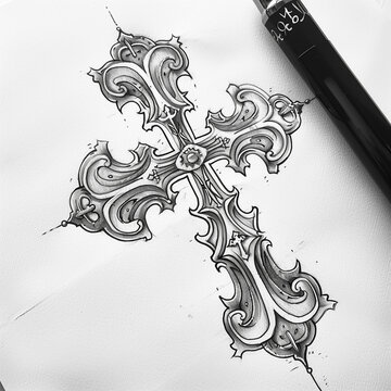 a sketch tattoo of a Byzantine cross, featuring intricate geometric patterns, rich details, and elements like the Christogram (ICXC) and religious iconography, with a sense of historical and spiritual