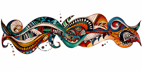 Sketch a tattoo design featuring a wavy strip filled with African ornaments. Incorporate traditional African motifs and symbols, using a mix of fine lines and bold, colorful patterns. Ensure the strip