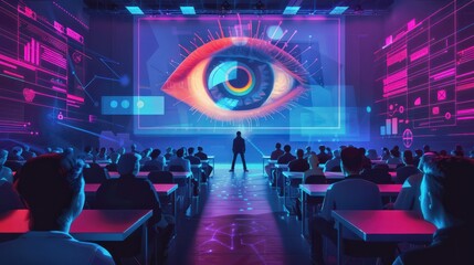 Data Privacy Training and Awareness, visual narrative of employees attending data privacy training sessions with icons of education materials,