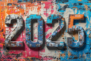 Obraz premium Happy new Year celebration 2025 with colorful spray paint template background. Vector paper illustration.