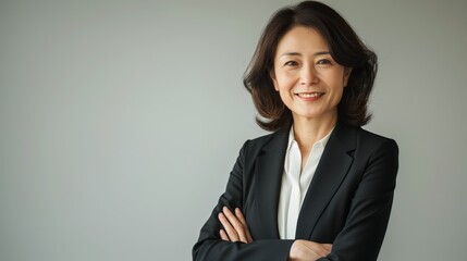 Professional Japanese Businesswoman Smiling, Arms Crossed Confidence in Corporate Setting Ideal for Business Design, Print, Card, Poster, Stock Photography