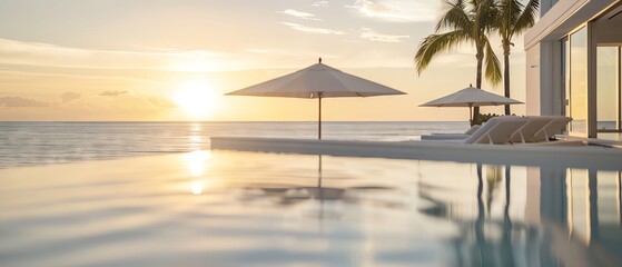 Naklejka premium Beachfront resort with calm waters for boating and elegant spaces to unwind, coastal charm, ultimate relaxation