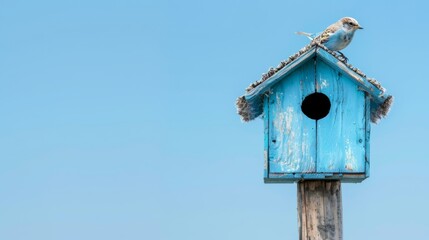 bird atop roof; blue sky background
