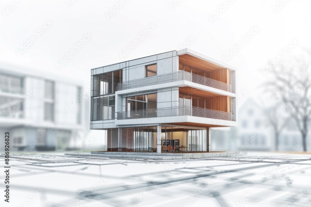 Aufkleber a close-up view of a building on top of a blueprint, surrounded by architectural designs and constru