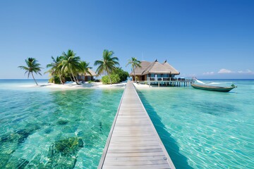 Island resort featuring glassbottom boats for exploration and hammock spots to unwind, tropical paradise, serene beauty