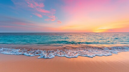 Beautiful sunset over a tranquil beach with gentle waves and colorful sky, perfect for relaxation and tranquility themes.