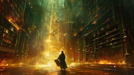 A scene of semantic clarity in a mystical library, symbols  reading an ancient book