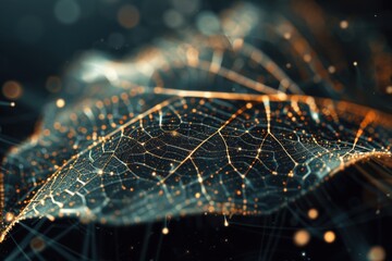 Intricate analysis of leaf texture reveals interconnected cells and subatomic particles, spotlighting nature's complexity and scientific discoveries. Glamorous and basic