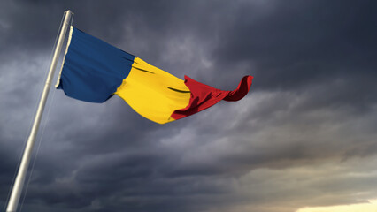 Fototapeta premium cute Romania flag on heavy dark clouds background - abstract 3D illustration