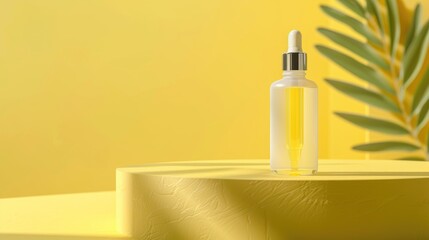 Naklejka premium Cosmetic bottle with oil or serum on podium yellow background emphasizing natural skin care concept