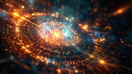 An abstract representation of decoding symbols, with layers of letters and symbols 