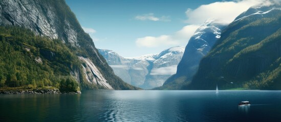 Serene Fjord Landscape with Mountains and a Boat