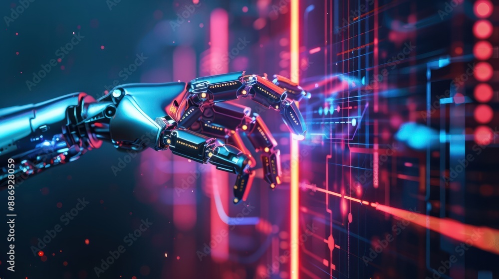 Poster robot hand pressing on virtual digital screen big data connection technology ai machine learning ide