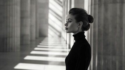 Elegant woman with hair tied at the back of her head in a bun, wearing black clothes in monochrome modern architecture. Side view