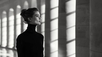 Elegant woman with hair tied at the back of her head in a bun, wearing black clothes in monochrome modern architecture. Side view