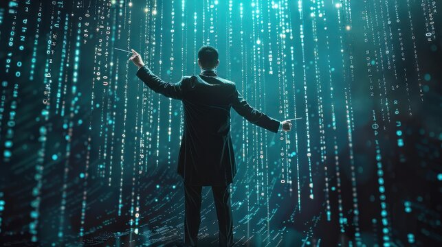 The Digital Maestro: Conducting a Symphony of Numbers, businessman standing on a digital stage, leading an orchestra of numerical data to audit and evaluate corporate financial statements,