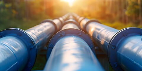 A blue industrial pipeline under sunlight representing energy generation with copy space. Concept Industrial pipeline, Energy generation, Blue aesthetics, Sunlight, Copy space