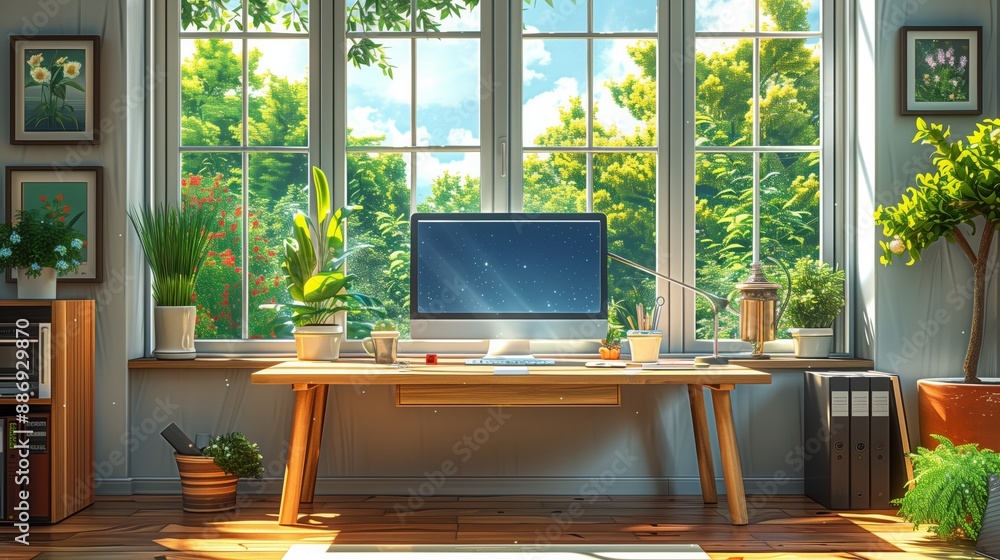 Poster a bright workspace with a large window overlooking a lush green garden. sunlight streams through the