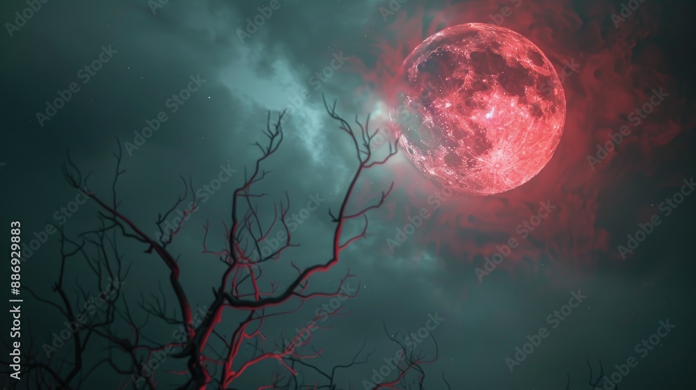 Aufkleber a bright red full moon shining through the night sky with a tree standing tall in the foreground