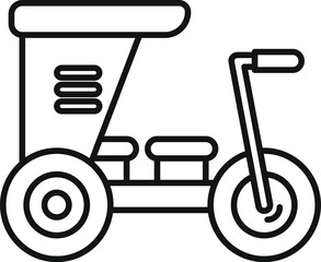 Simple black and white icon of a modern velomobile with three wheels, a canopy and space for luggage